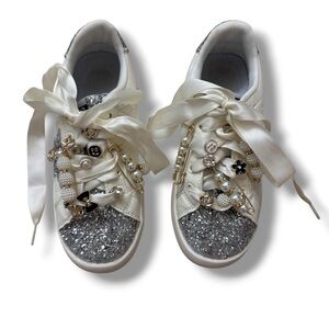 Girls Embellished Sneakers Pearl Bow Glitter Toe EU 36 US 5